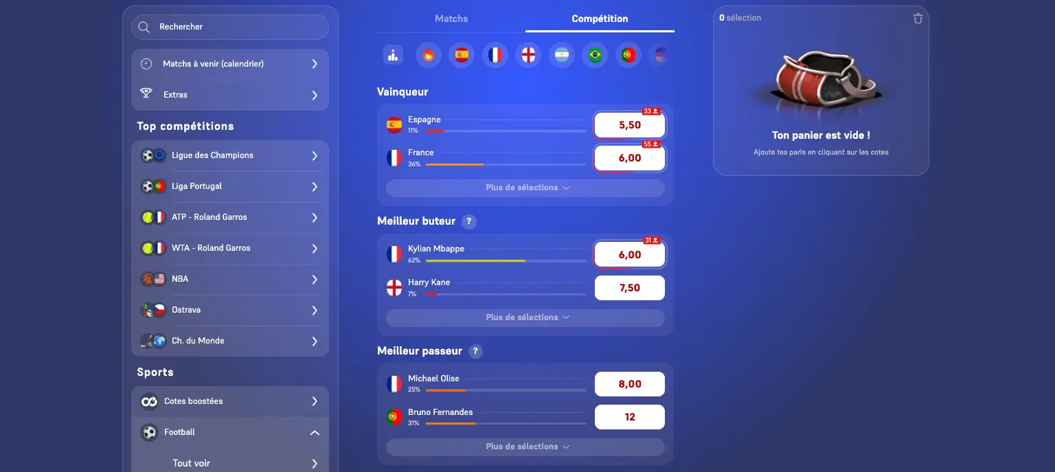 Cotes long terme Winamax sur la Coupe du Monde 2026 : vainqueur (Espagne 5,50, France 6,00), meilleur buteur (Mbappé 6,00, Kane 7,50), meilleur passeur (Olise 8,00, Bruno Fernandes 12,00).