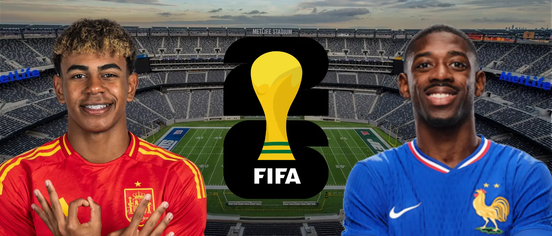 Lamine Yamal et Ousmane Dembélé devant le MetLife Stadium, hôte de la finale de la Coupe du Monde 2026