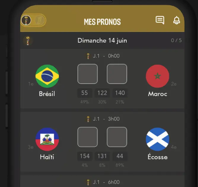 Capture d'écran de l'application Mon Petit Prono : pronos de Brésil-Maroc et Haïti-Écosse avec les cotes 55/122/140 et 154/131/44