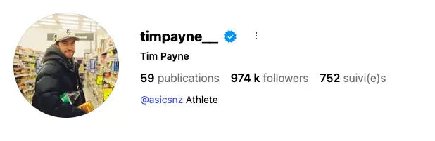 Profil Instagram @timpayne__ affichant 974 000 abonnés